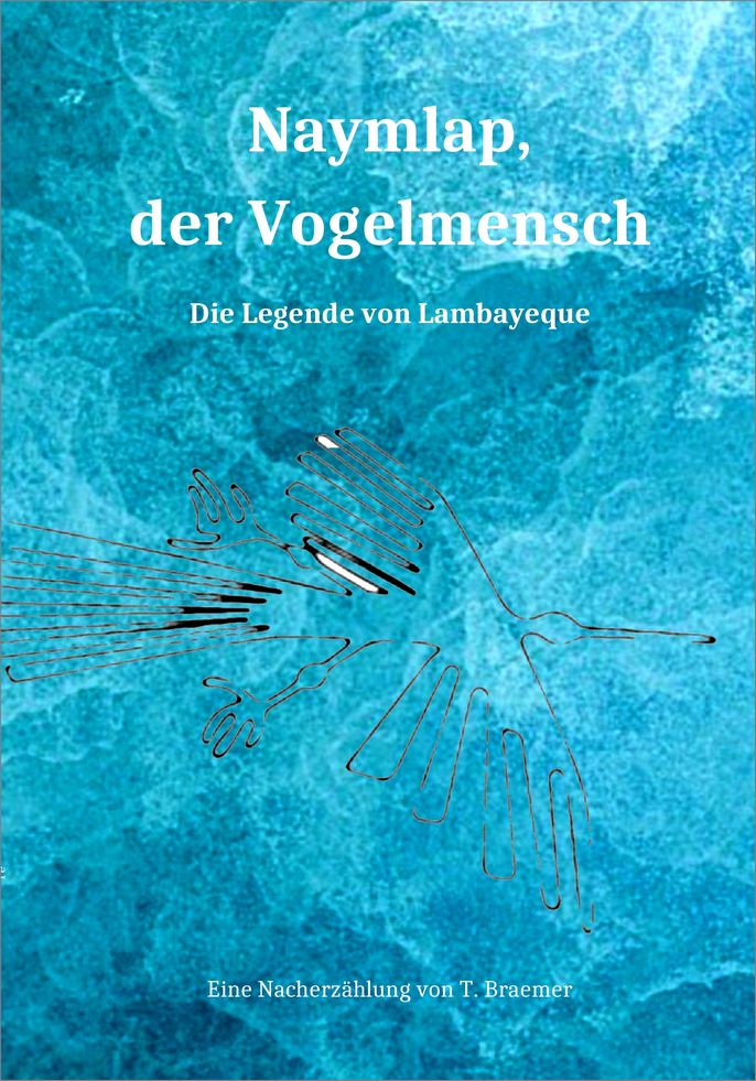 Buchcover Naymlap, der Vogelmensch, Nazca Linien eines Vogels über blauem Hintergrund